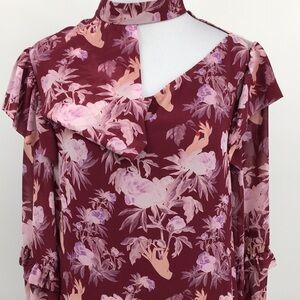 Three Floor Florry Top‎ Womens 6 Purple Tropical Floral Print Bell Sleeve Hand